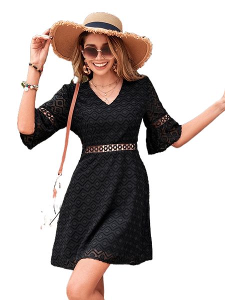 

guipure lace insert flounce sleeve dress z2vi#, Black;gray