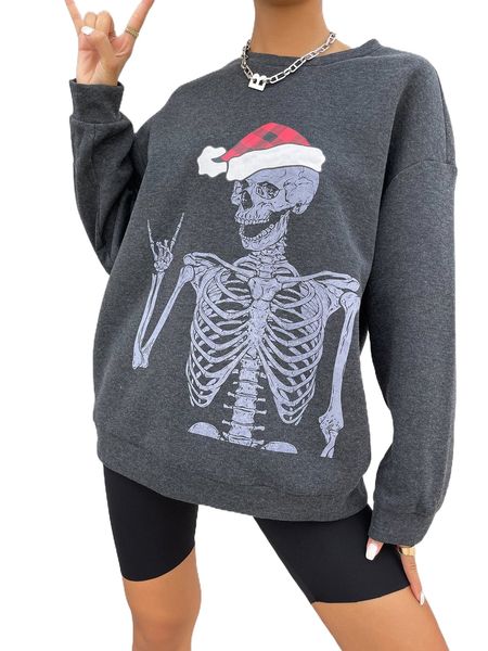 

skeleton print drop shoulder sweatshirt r33c#, Black
