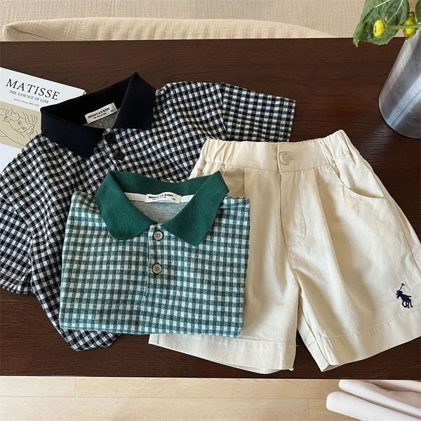 

childrens short sleeved summer boys girls plaid lapel pullover t shirt 220607, Blue