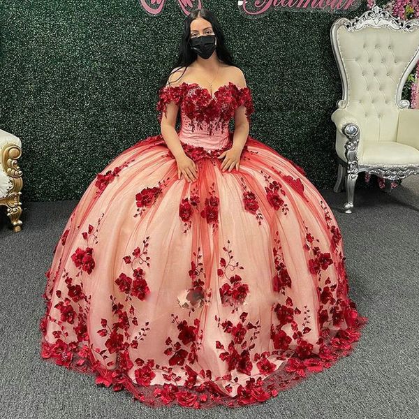 Mütevazı 3d Çiçek Aplikler Dantel Quinceanera Omuzdan Kapalı Tatlı 15 Önlük Özel Yapımı Junior Girls Pageant Vestidos