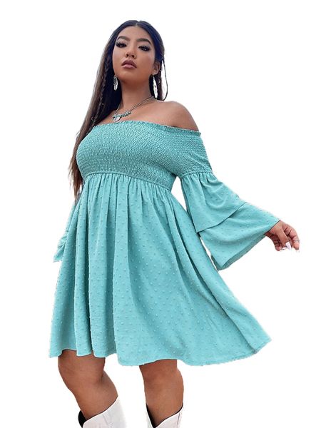 

plus swiss dot shirred bardot dress x4j2#, Black