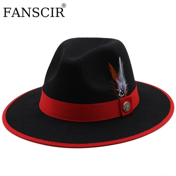 Casal Jazz Hats Chapéu Fedora de Lã de Aba Larga Fedora Preto Branco Fascinator Casamento Igreja com Cintos Fuxury de Penas para Chapéus Masculinos 220812