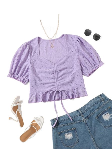 

plus puff sleeve drawstring peplum schiffy tee 35fc#, Black