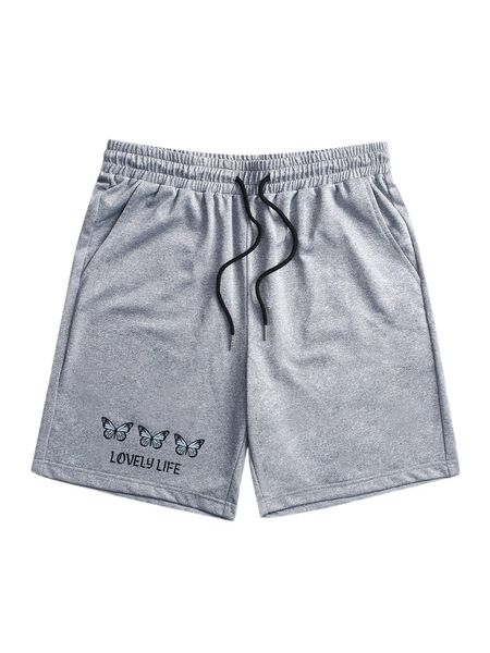 

men letter & butterfly print drawstring waist shorts r1u0#, White;black