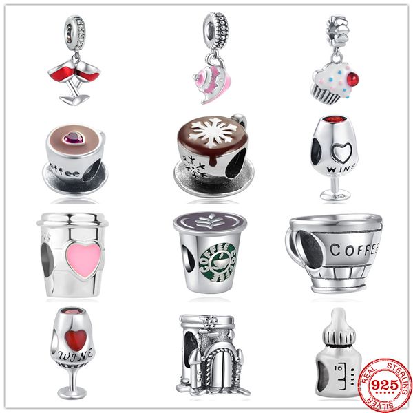 925 Silber Charm Perlen baumeln neue Weintasse Kaffee Kuchen Babyflasche Anhänger baumeln Perle passen Pandora Charms Armband DIY Schmuck Zubehör