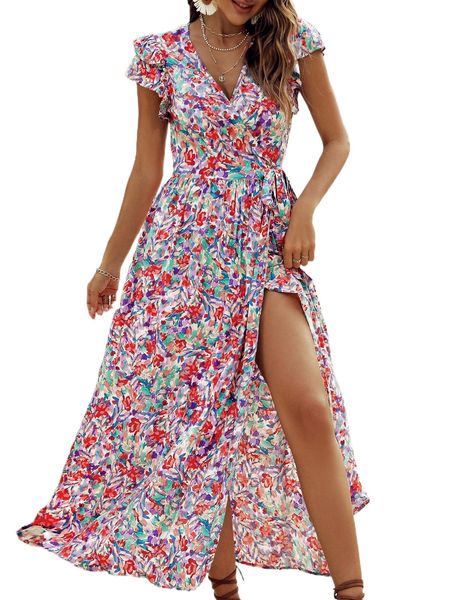 

allover floral print ruched wrap dress l8ea#, Black;gray