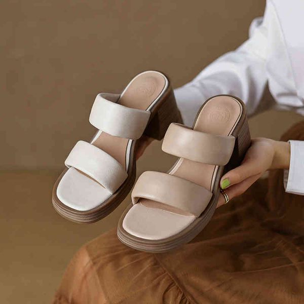 

slippers wear high-heeled slippers outside women's waterproof platform in summer slotted belt open toe thick heel sheepskin soft bread, Black