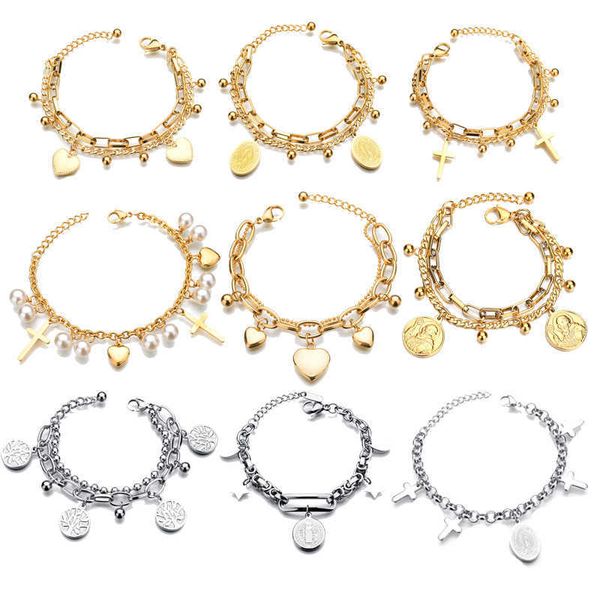 

mix style lady bracelet titanium steel women heart cross charm bracelets jewelry for party wedding good gift, Golden;silver
