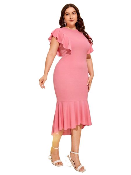 

plus butterfly sleeve mermaid hem dress c27h#, Black