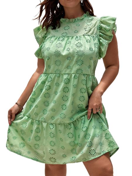 

plus ruffle trim eyelet embroidery dress f8lz#, Black