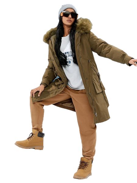 

contrast fuzzy zipper up drawstring waist parka coat s064#, Black
