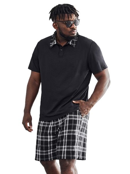 

extended sizes men plaid polo tee & shorts k96x#, Gray