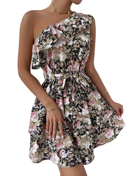 

floral print ruffle trim one shoulder belted dress i5ka#, Black;gray