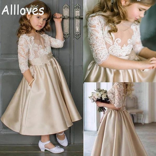 Champagne cetim flor vestidos de menina para o casamento puro laço appliqued 3/4 mangas compridas crianças vestidos de festa formal uma linha tornozelo comprimento vestido de dama de honra júnior cl0129