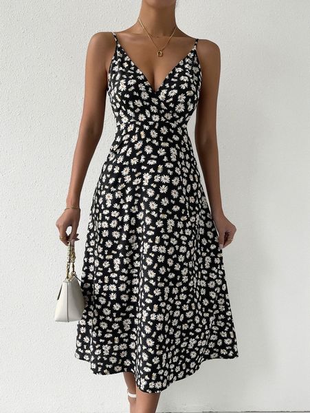 

allover floral print cami dress q90a#, Black;gray