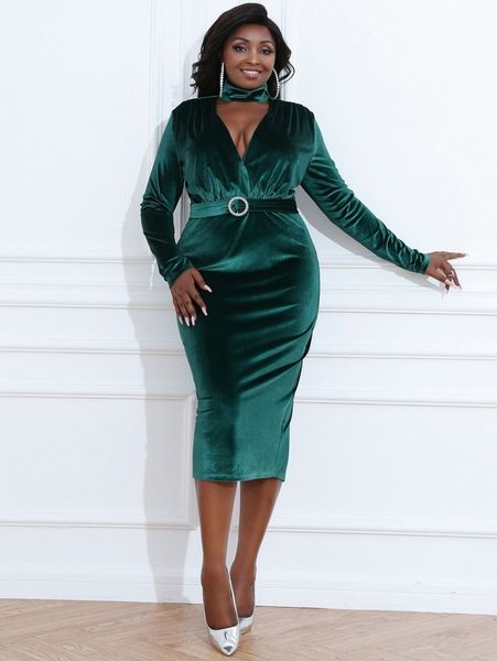 

seomiscky plus choker neck o-ring belted velvet dress c0cp#, Black