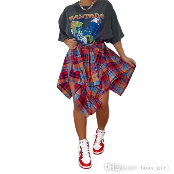 

retail 2022 designer skirt women plaid shirt short dresses fashion irregular lattice tied sleeve fake dress casual clothing, White;black