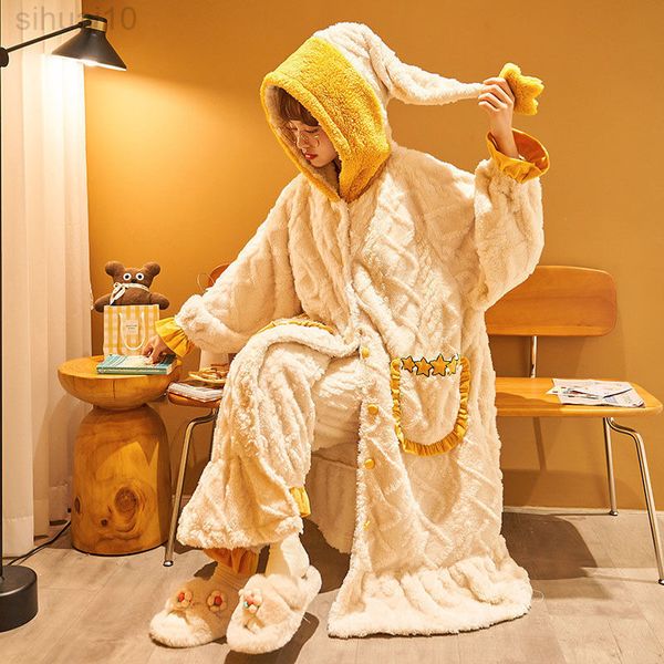 Inverno Nieuwe Nachtjapon Vrouwen Koraal Fluwelen Pigiama Pak Flanellen Bovenkleding Cartoon Homewear Vrouwen Pigiama Set Robe Sets L220803