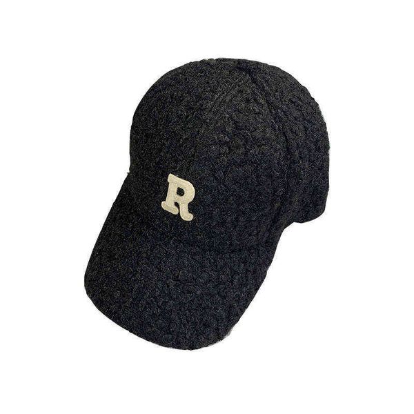 

ball caps r letter lamb wool baseball female autumn winter korean version ins fashion trend versatile face small plush male 220414, Blue;gray