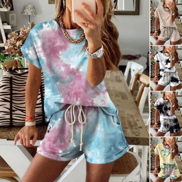 

women's tracksuits summer women stylish two pieces set outfit short sleeve soft comfortable tie dye o neck t-shirt pockets shorts for s, Gray