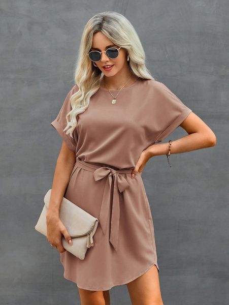 

solid self tie tunic dress l6cz#, Black;gray