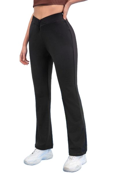 

asymmetrical waist bootcut leg pants 07an#, Black;white