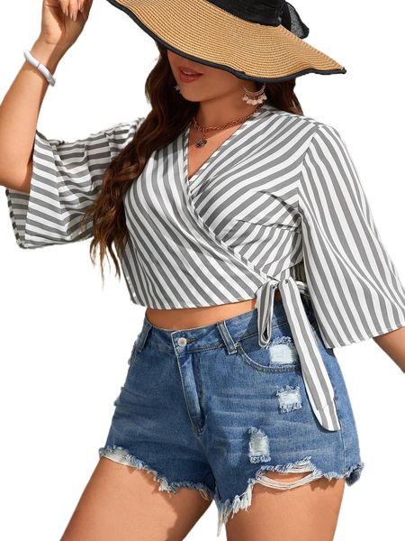 

plus vertical striped trumpet sleeve wrap knot side crop blouse o5gy#, Black