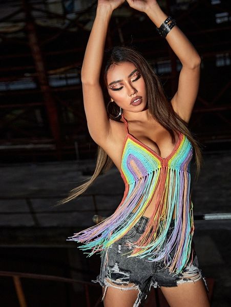 

rainbow striped pattern fringe hem tie backless cover up v7gm#, White;black