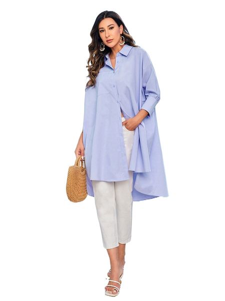 

batwing sleeve patch pocket high-low hem blouse e8m5#, White