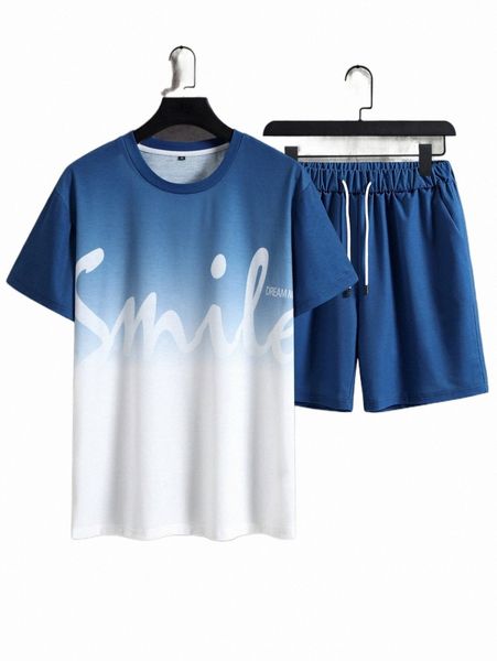 

men letter graphic ombre tee & drawstring waist shorts k9mp#, Gray