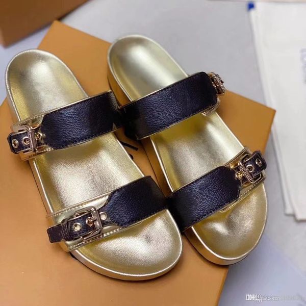 

ladies' flat slippers op02 europe 2022 new summer beach classic super comfortable retro first layer cow-knee leather slippers with meta, Black