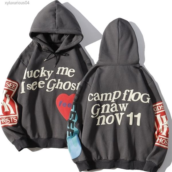 

harajuku weirdo graffiti letter printed hoodies men lucky me i see ghosts mens hooded sweatshirt fleece pullover streetwear 220720, Black