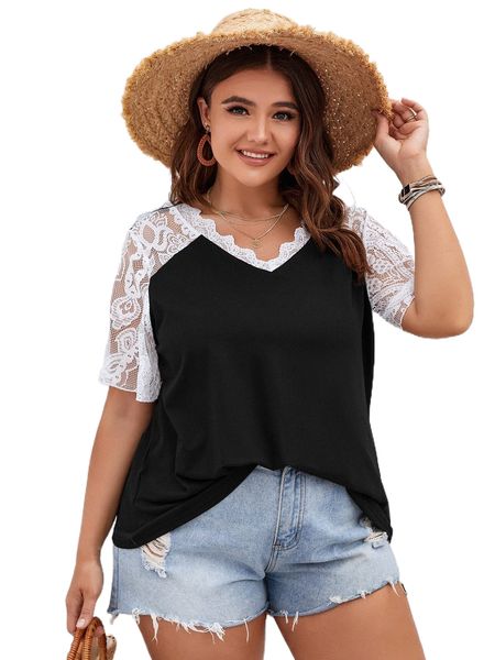 

plus contrast lace tee k1ym#, Black