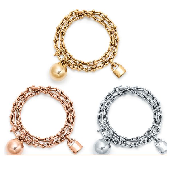 

fashion s925 sterling silver men's and women's lock ball pendant bracelet trend simple and generous luxury party gift, Golden;silver