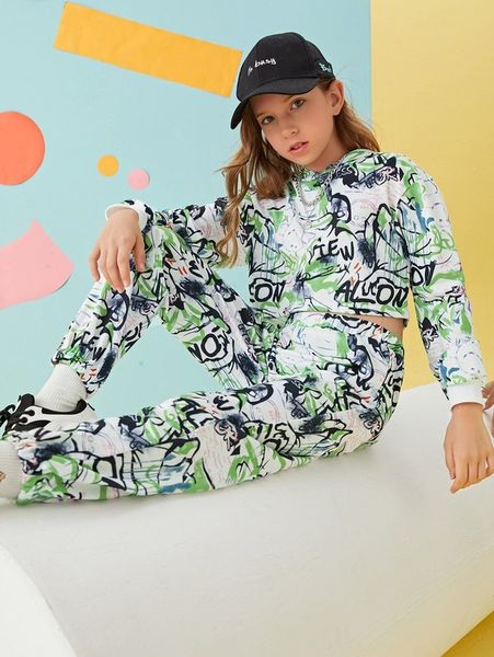 

girls graffiti print crop hoodie & sweatpants she, White