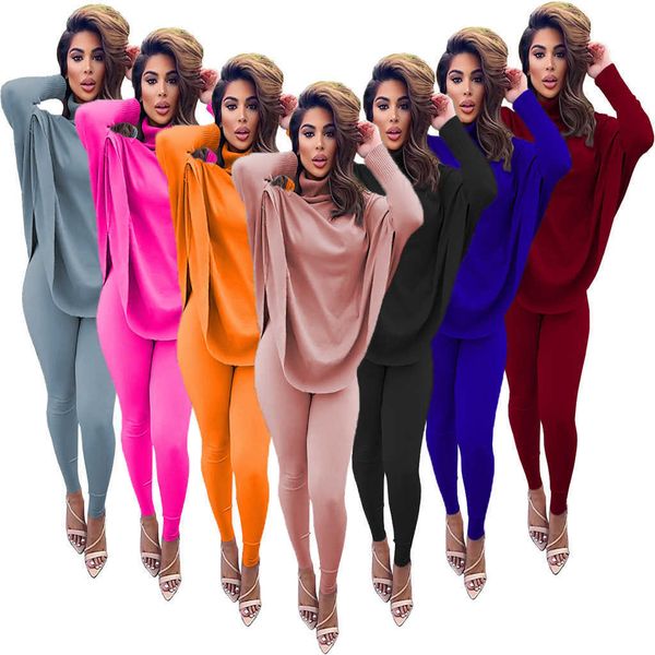 

women clothing 2 piece set designer fashion high neck bat sleeve split pants suits ladies solid long sleeve trousear casual sportwear, Gray