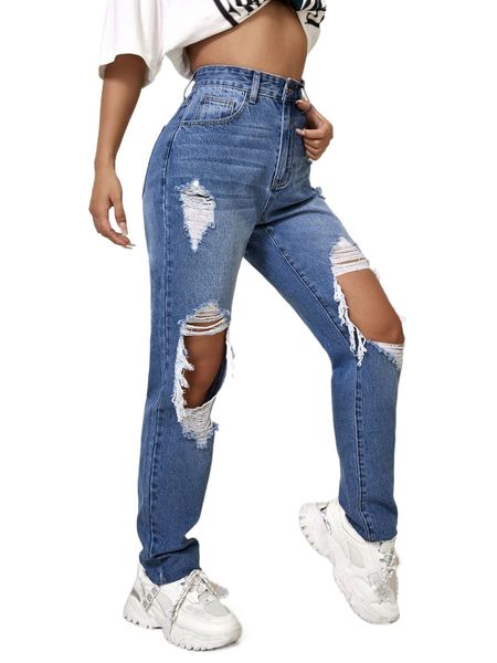 

high waist ripped cut out mom fit jeans p8vi#, Blue