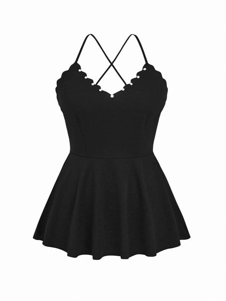 

plus pearl beaded scallop trim criss cross peplum cami h60n#, Black