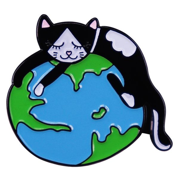 

cat sleeping on earth enamel pin happy cat day badge cute clothes lapel hat badges fashion jewelry accessories decoration, Blue