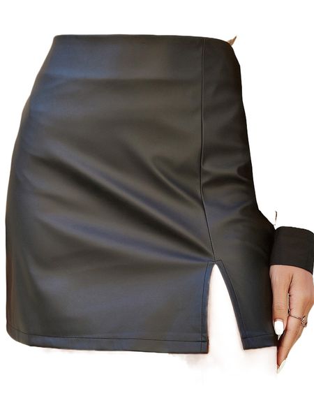 

high waist pu leather slit skirt o6x2#, Black