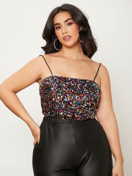 

plus zip back crop sequin cami e4ht#, Black
