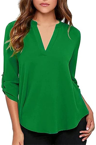 

ladies & tees casual v-neck cuffed sleeves solid chiffon blouse, White