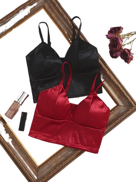 

2pack satin longline bra set h7ww#, Black;red