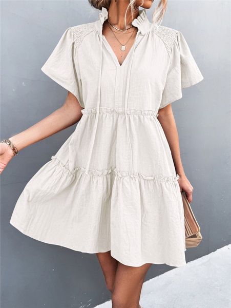 

shirred frill tie neck butterfly sleeve ruffle hem dress e0wg#, Black;gray