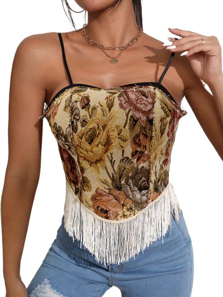 

floral pattern fringe hem contrast binding cami y19e#, White