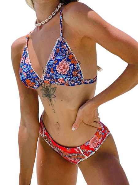 

bikinx floral print contrast trim triangle bikini swimsuit p3l7#, White;black