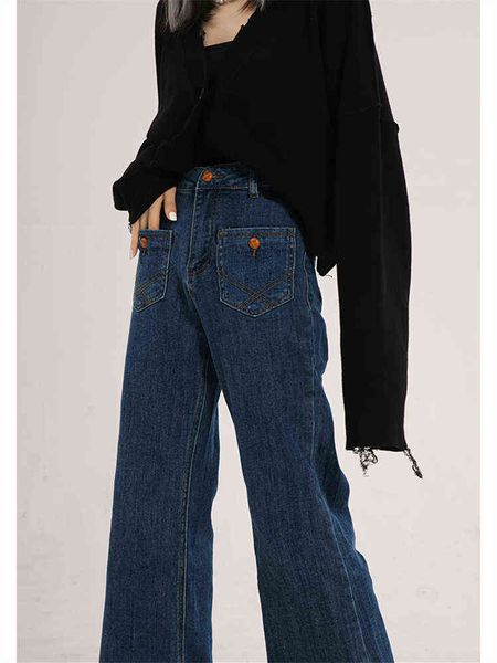 

large pocket straight blue jeans women's spring autumn new high waist thin wide legs design sense pants denim trousers female t220728