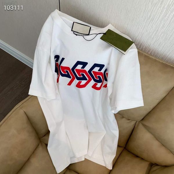 

women's t-shirt designer 2022 summer pullover off shoulder loose print short sleeve cotton round neck correct version temperament commu, White