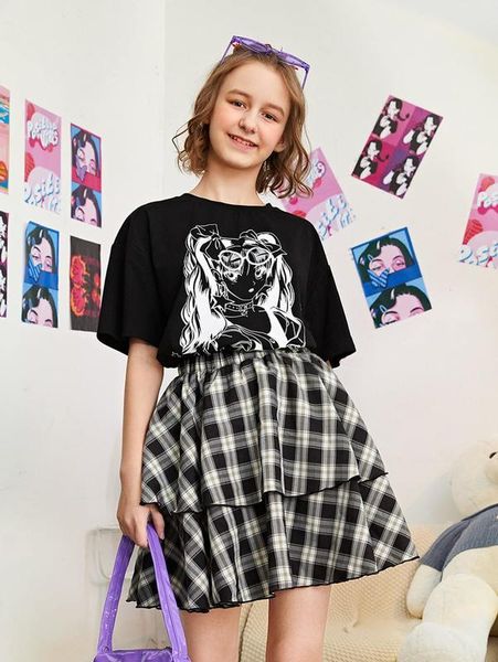

teen girls figure graphic tee & plaid layered hem skirt set she, White