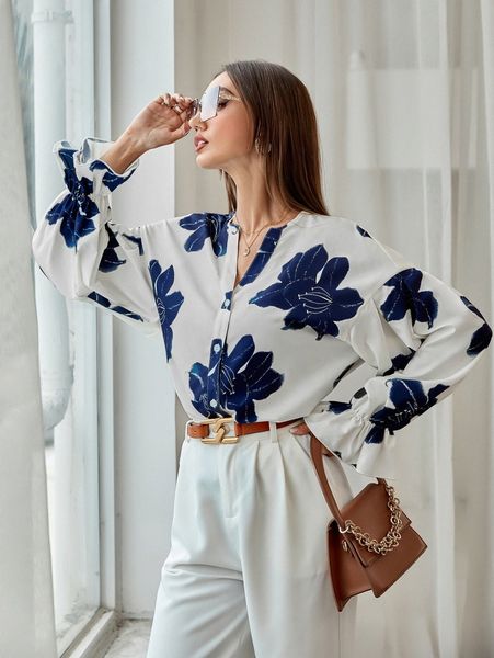 

floral print flounce sleeve blouse x9vy#, White